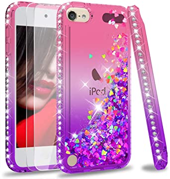 iPod Touch 7 Case, iPod Touch 6 Case, iPod Touch 5 Case with Tempered Glass Screen Protector [2 Pack] for Girls, LeYi Glitter Liquid Clear Phone Case for Apple iPod Touch 7th/ 6th/ 5th Gen Pink/Purple