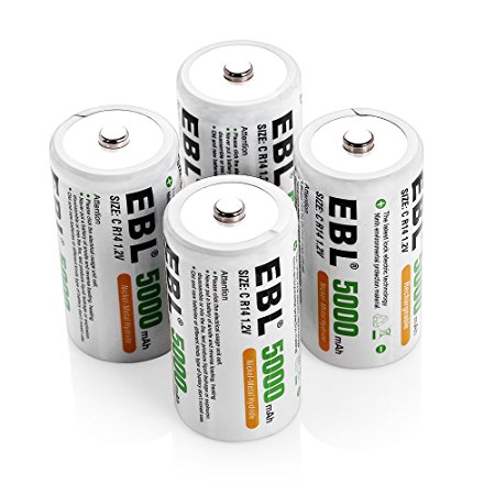 EBL Rechargeable C Size Batteries,5000mAh High Capacity Ni-MH with Storage Cases(Pack of 4)