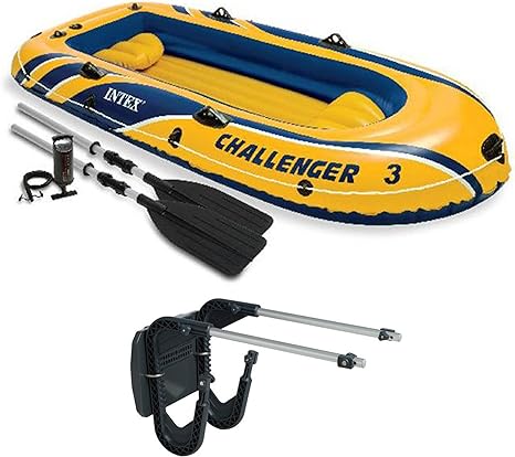 Intex Challenger 3 Boat 2 Person Raft & Oar Set Inflatable with Motor Mount Kit