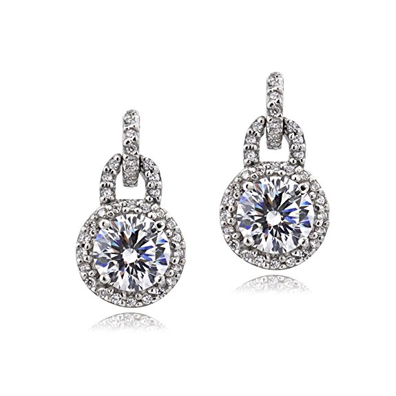 Sterling Silver 100 Facets Cubic Zirconia Round Dangle Earrings(2cttw)