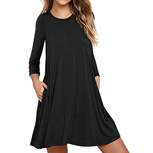 Cnokzol Women Long Sleeve Pleated T-Shirt Dress with Pockets Casual Loose Tunic Dress