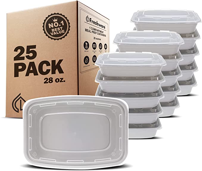 Freshware Meal Prep Containers [21 Pack] 1 Compartment Food Storage Containers with Lids, Bento Box | BPA Free | Stackable | Microwave/Dishwasher/Freezer Safe, Portion Control, 21 Day Fix (28 oz)