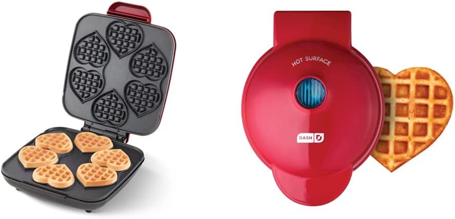 DASH Multi Mini Heart Shaped Waffle Maker: Six Mini Waffles, Perfect for Families, Dual Non-stick Surfaces with Quick Release & Easy Clean - Red Heart & Mini Waffle Maker Machine, Red Heart 4 Inch