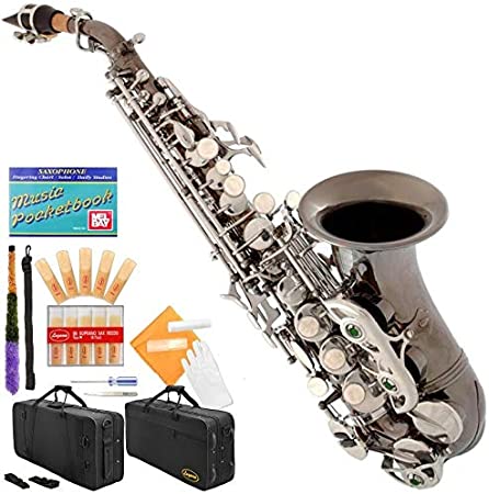 Lazarro Black Nickel-Silver Keys Bb B-Flat Curved Soprano Saxophone Sax Lazarro 11 Reeds,Care Kit~24 COLORS Available-330-BN