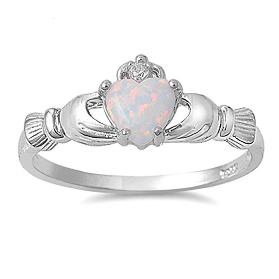 Irish Claddagh Lab Created White Opal Ring Sterling Silver Sterling Silver Sizes 3-13