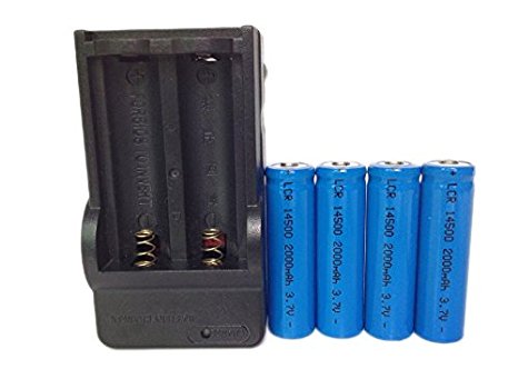 ON THE WAY®Charger and 4Pcs 14500 2000mAh 3.7V Li-ion Lithium Rechargeable Battery AA Batteries For Led Flashlight Torch(Blue)