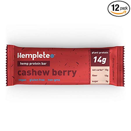 Hemp Protein Bar by Hemplete — Cashew Berry, Vegan Whole Food Based, 1.79 Ounce (Box of 12) Paleo, Low Carb Friendly Snack With Healthy Fats