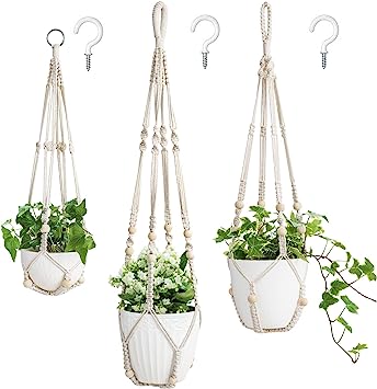 Mkono 3 Pack Macrame Plant Hangers Indoor Different Size Hanging Planter Basket Flower Pot Holder with Beads No Tassels 35"/29"/23", Medium, Ivory