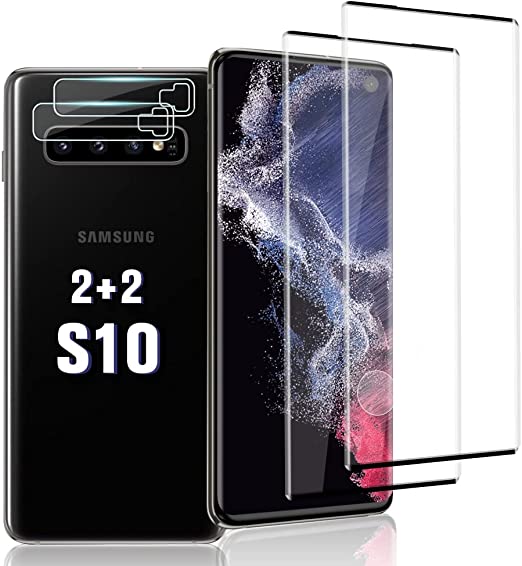 [2 2 Pack ] Galaxy S10 Screen Protector with Camera Lens Protector,9H Tempered Glass,Support Fingerprint Unlock,3D Curved, Anti Scratch, HD Bubble Free,for Samsung Galaxy S10 (6.1")