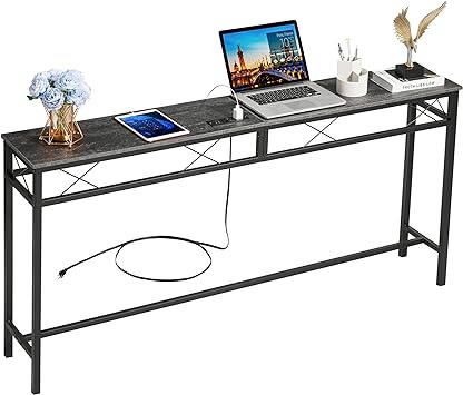 VECELO 55In Extra Long Narrow Sofa/Console Table with Charging Station & Power Outlet and USB Ports, for Entryway, Living Room, Office, Industrial, Dark Grey