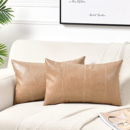 Fancy Homi 2 Packs Tan Lumbar Waterproof Faux Leather Decorative Throw Pillow Covers 12x20 Inch for Outdoor Couch Bed, Beige Hand Stitched Cushion Case 30x50 cm, Taupe Modern Farmhouse Home Decor