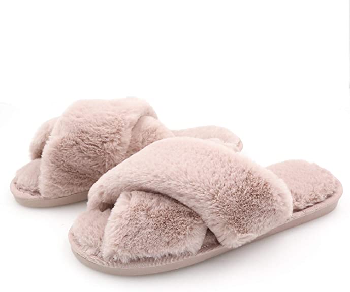 Topgalaxy.Z Women's Cross Band Soft Plush Fuzzy House/Indoor Slippers,Open Toe Faux Fur Fluffy Flats Slippers Warm Comfy Cozy Bedroom Slide Slippers