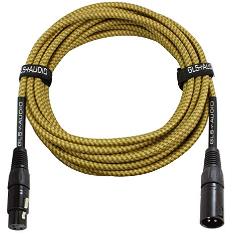 GLS Audio 25 Foot Mic Cable Balanced XLR Patch Cords - XLR Male to XLR Female 25 FT Microphone Cables Brown Yellow Tweed Cloth Jacket - 25 Feet Mike Pro Snake Cord 25’ XLR-M to XLR-F - Single