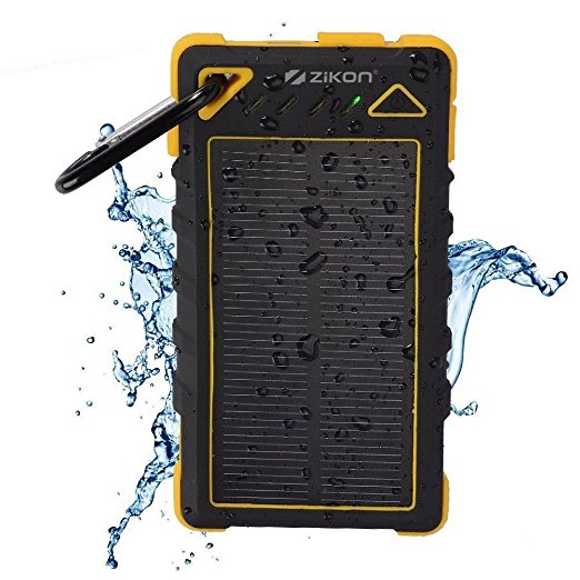 Solar Power Bank, ZiKON High Capacity Waterproof Portable 8000mAh Charger, Dual USB Solar Powered Battery Charger for iPhones, iPads, Samsung, Tablets, Cameras. Dustproof & Shockproof (Yellow)