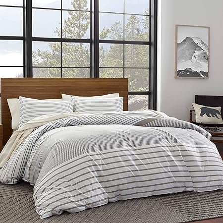 Eddie Bauer | Cooper Collection | 100% Cotton Stripe Duvet Cover Matching Shams, 3-Piece Bedding Set, Buttons & Corner Ties to Ensure Placement, King, Neutral