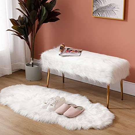 H&Y Faux Fur White Ottoman Bench Modern Shaggy Long Hair Upholstered Bench with Metal Legs Stool for Entryway Bedroom Living Room - 35.4''L13.7''W17.7''H