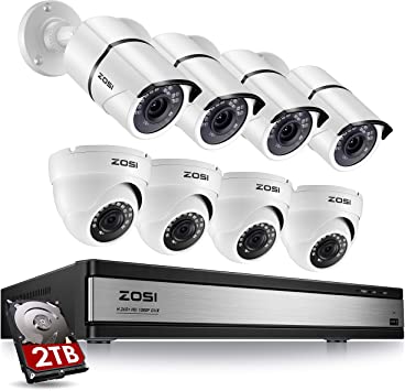 ZOSI H.265  16CH Security Camera System with Hard Drive 2TB,16 Channel CCTV DVR Recorder and 8 x 1080p Indoor Outdoor Bullet Dome Camera, 120ft/80ft Night Vision, Remote Control, Alert Push