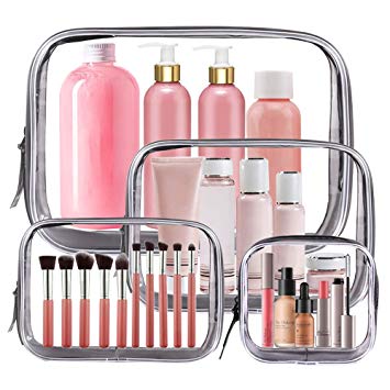 4PCS Clear Makeup Bag, TSA Approved Transparent Travel Toiletry Bag, Waterproof PVC Cosmetic Pouch Organizer, Quart Size Zipper Wash Bags Carry-on Luggage for Women Men Vacation Bathroom