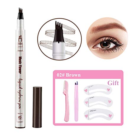 Eyebrow Tattoo Pen, Microblading Eyebrow Pencil with Four Tips,Waterproof Brow, Fork Tip Applicator Creates Natural Looking Brows Effortlessly and Stays All Day (2# Brown)