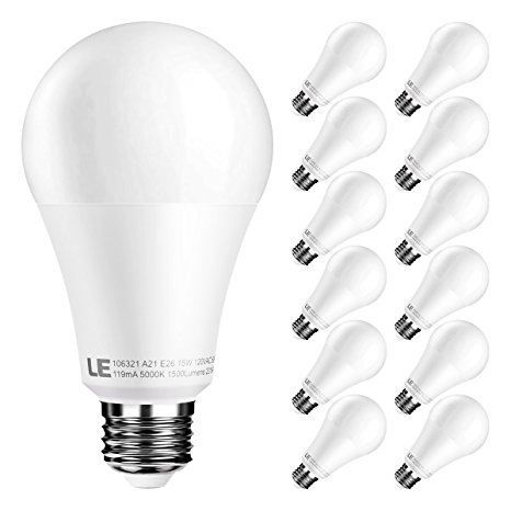 LE Dimmable 15W A21 E26 LED Bulbs, 100W Bulbs Equivalent, 1500lm, 200° Beam Angle Wide Flood Light Blubs, 5000K Daylight White LED Light Bulbs, Pack of 12 Units