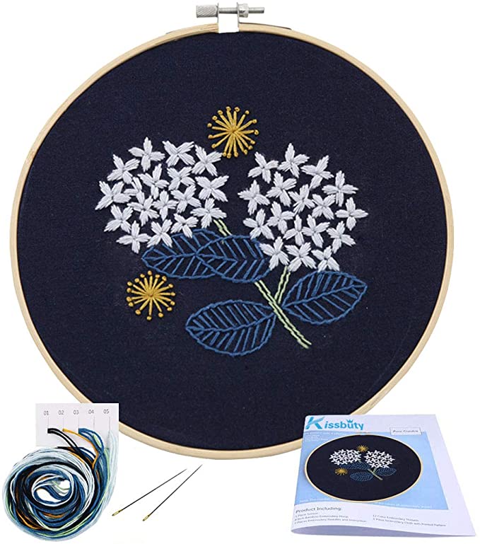 Full Range of Embroidery Starter Kit with Pattern, Kissbuty Cross Stitch Kit Including Embroidery Cloth with Floral Pattern, Bamboo Embroidery Hoop, Color Threads and Tools Kit (Hydrangea)