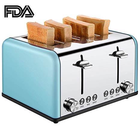 Toaster 4 Slice, CUSIBOX Extra Wide Slots Toaster with BAGEL/DEFROST/CANCEL Function, Stainless Steel Four Slice Bread Bagel Toaster, 1650W, Blue