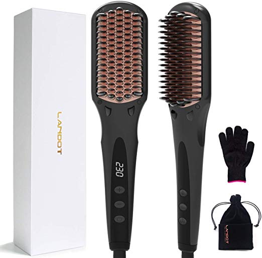 Ceramic Ionic Hair Straightener Brush 30s Faster MCH Heating Hair Straightening Irons Worldwide Dual Voltage Hot Air Comb with Anti Scald Feature and Temperature Lock Function