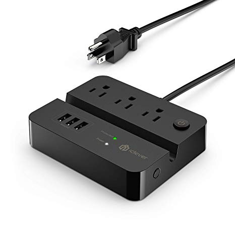 iClever USB Surge Protector Power Strip,3 Outlets   3 USB Ports Charging Station with Switch Control 5 ft Extension Cord-Black