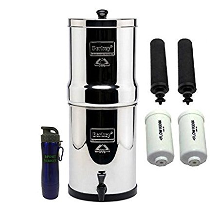 Travel Berkey Drinking Water Filtration System w/ 2 Black Filters, 2 Fluoride Filters, and Berkey Stainless Steel Bottle - Blue