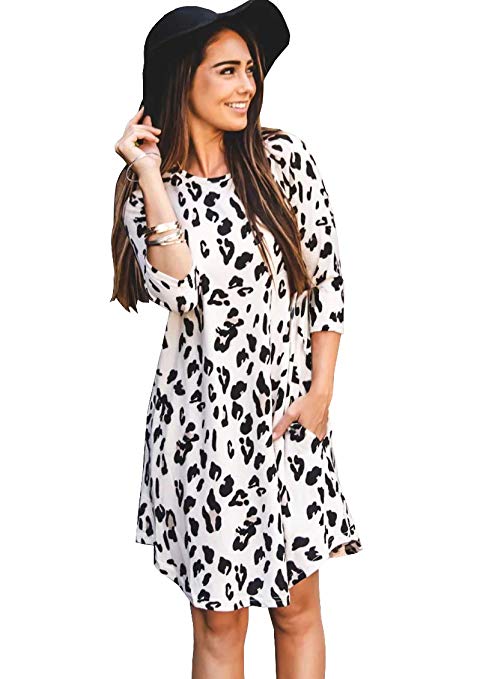 Kranda Women Fall 3/4 Sleeve Leopard Print Casual Loose Tunic Dress with Pockets
