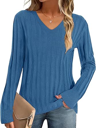 MEROKEETY Women's 2024 Fall V Neck Sweater Long Sleeve Ribbed Knit Casual Slim Fitted Pullover Top