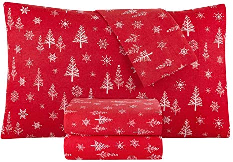 DELANNA Flannel Sheet Set 100% Cotton (Queen, Trees and Flakes)