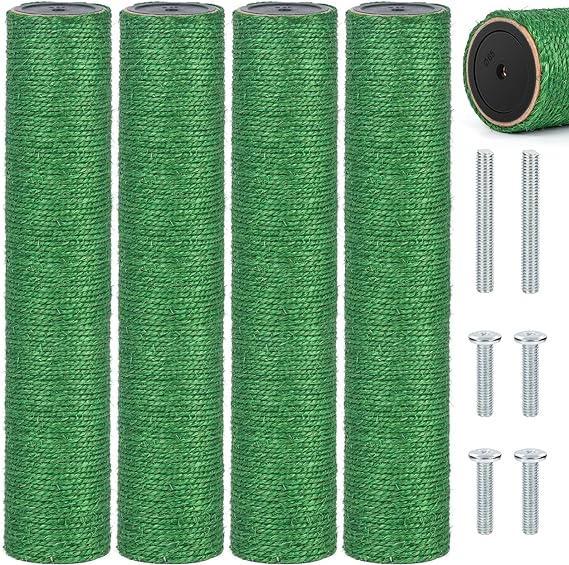 4 PCS M8 Cat Tree Replacement Post, 15.7 x 3.1 in Sisal Pole Cat Scratching Post Replacement with Screws, Refill Scratcher Posts for Indoor Kitten Tree Tower Spare Cat Furniture Protector (Green