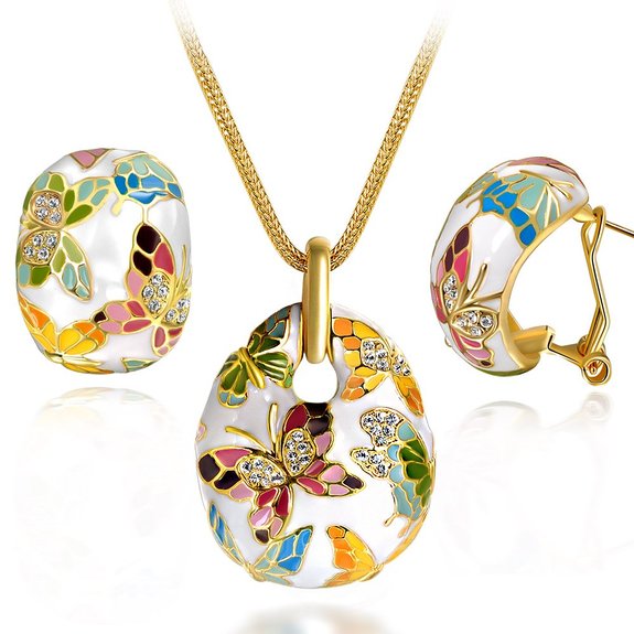 Qianse "Spring of Versailles" -- Manually Colored Drawing Enamel Gold Plated Chain Earrings Necklace Jewelry Sets