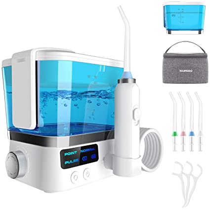 YOUNGDO Upgrade Oral Irrigator Teeth Cleaner Oral Irrigator with 4 Jet Tips, Dental Flosses - 600ML, IPX7 Waterproof, Stepless Adjustment, USB Rechargeable Dental Flossers for Teeth