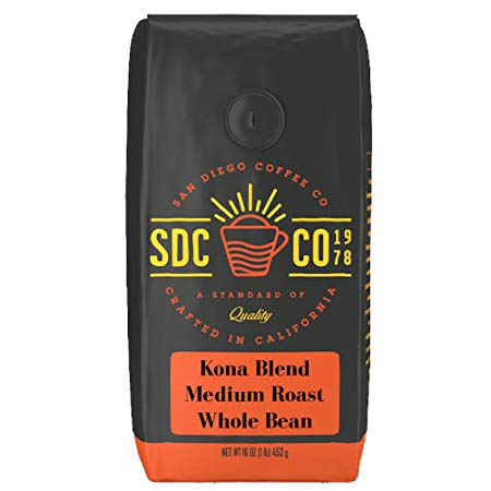 San Diego Coffee Kona Blend, Medium Roast, Whole Bean, 16-Ounce Bag