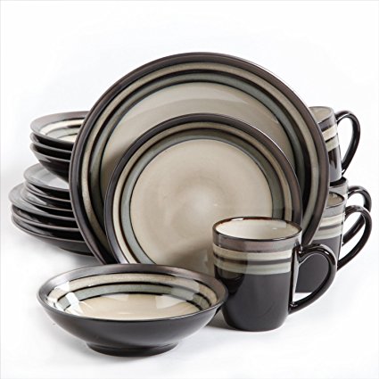 Gibson Lewisville 16 Piece Dinnerware Cream with Gray Reactive Metallic Rim, Cream/Gray