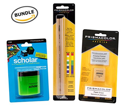 BUNDLE Prismacolor Blender Pencil Colorless, 2-pack   Prismacolor 3 Eraser Set   Prismacolor Scholar Colored Pencil Sharpener