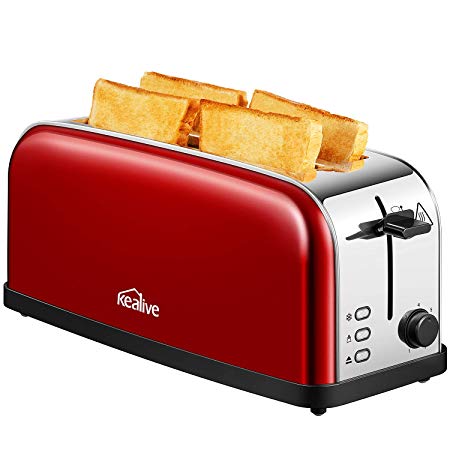 4 Slice Toaster, Kealive Long Slot Toaster with 7 Levels Browning Control, Removable Crumb Tray, Stainless Steel, 1500 W, Red 【3 Years Warranty】