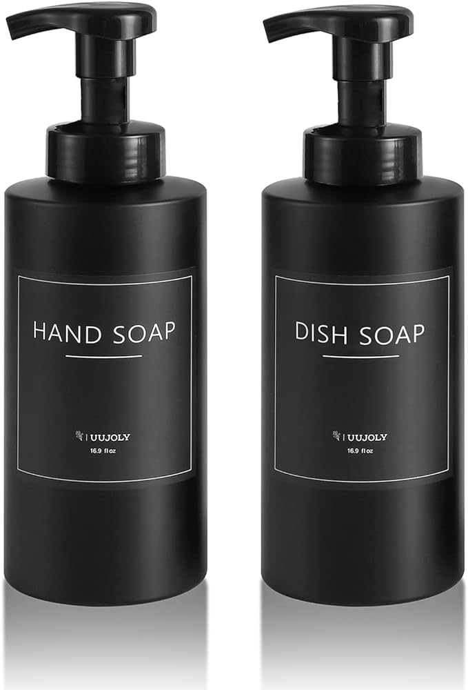 UUJOLY Foaming Soap Dispenser, 17 OZ Refillable Plastic Soap Pump Bottle for Liquid Soap, Shampoo, Body Wash, 2 Pcs, Black