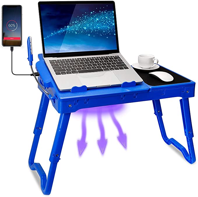 TeqHome Laptop Table for Bed, Adjustable Laptop Bed Desk with Fan, 4 USB Ports, Portable Lap Desk with Foldable Legs, Laptop Stand for Couch Sofa Bed Tray with LED Light, Storage, Mouse Pad - Blue