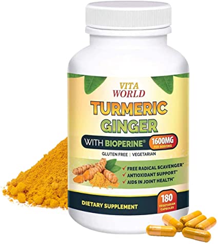 Vita World Turmeric Ginger with Bioperine 1600mg, Daily Dietary Supplement, Joint Pain Relief, Healthy Inflammatory Response, Antioxidant Support, Vegetarian, Non-GMO, Gluten Free, 180 Capsules