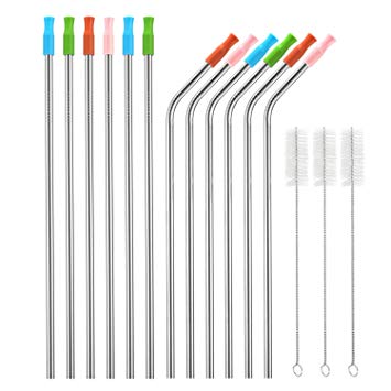 X-Chef Stainless Steel Straws,12 Reusable Metal Drinking Straws with 12 Silicone Tips & 3 Cleaning Brushes, 10.5'' Straws for 20 30 Oz Yeti Rtic Tumblers