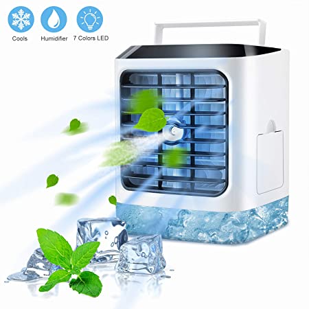 Fuloon Personal Air Cooler,4 in 1 Portable Space Air Conditioner Cooling Fan & Evaporative Spray Humidifier Purifier, Mini USB Desktop ice Fan,7 Colors LED,3 Wind Speeds for Home Room Office Outdoor