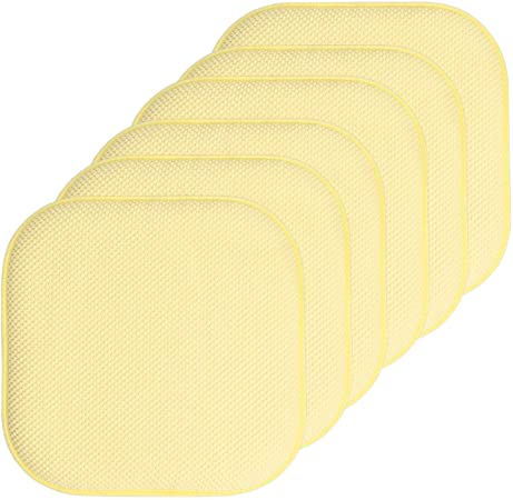 Sweet Home Collection Chair Cushion Memory Foam Pads Honeycomb Pattern Slip Non Skid Rubber Back Rounded Square 16" x 16" Seat Cover, 6 Pack, Yellow