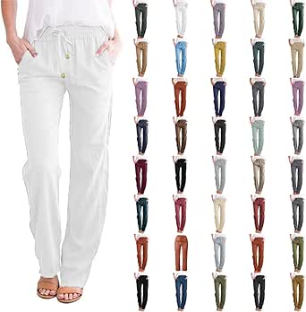 Womens Cotton Linen Casual Pants Straight Leg Drawstring Elastic High Waist Loose Fit Comfy Trousers with Pockets