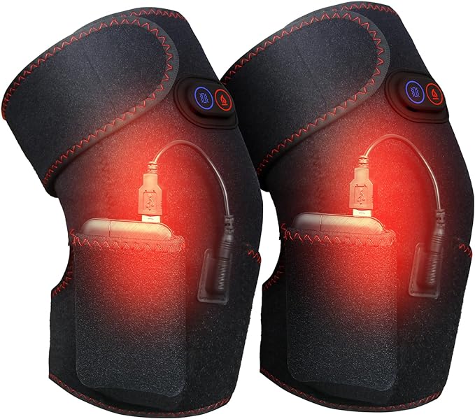 JINGOU 2 PCS Heated Knee Massager 5V 5000mAh Rechargeable Battery Knee Wraps Electric Heated Knee Braces 3 Adjustable Temperature Vibration Massage Knee Warps for Pain Relief Arthritis