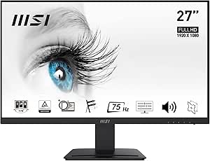 MSI PRO MP273 Écran Bureautique 27" FHD - Dalle IPS, 1920x1080, 75Hz, Confort Oculaire, Haut-Parleurs Intégrés, MSI Display Kit, Inclinaison Réglable, Montable VESA - DisplayPort 1.2a, HDMI 1.4b