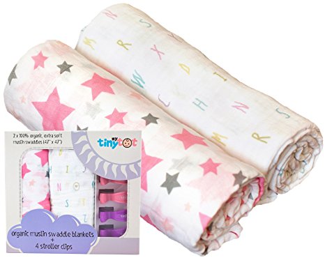 Organic Swaddle Blanket & Stroller Clip Set - Extremely Soft - Use As a Swaddle, Nursing Cover or Stroller Blanket - Great Baby Shower Gift for Girls!
