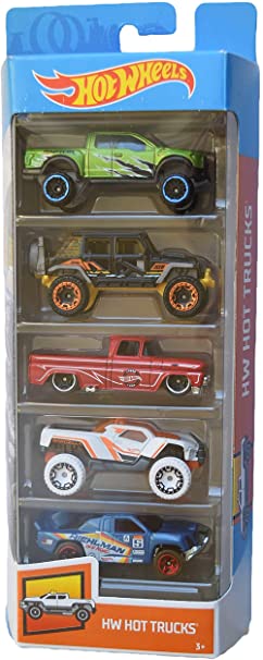 Hot Wheels 5 Pack Hot Trucks with Rare Black Jeep Wrangler, Green Ford Raptor f-150